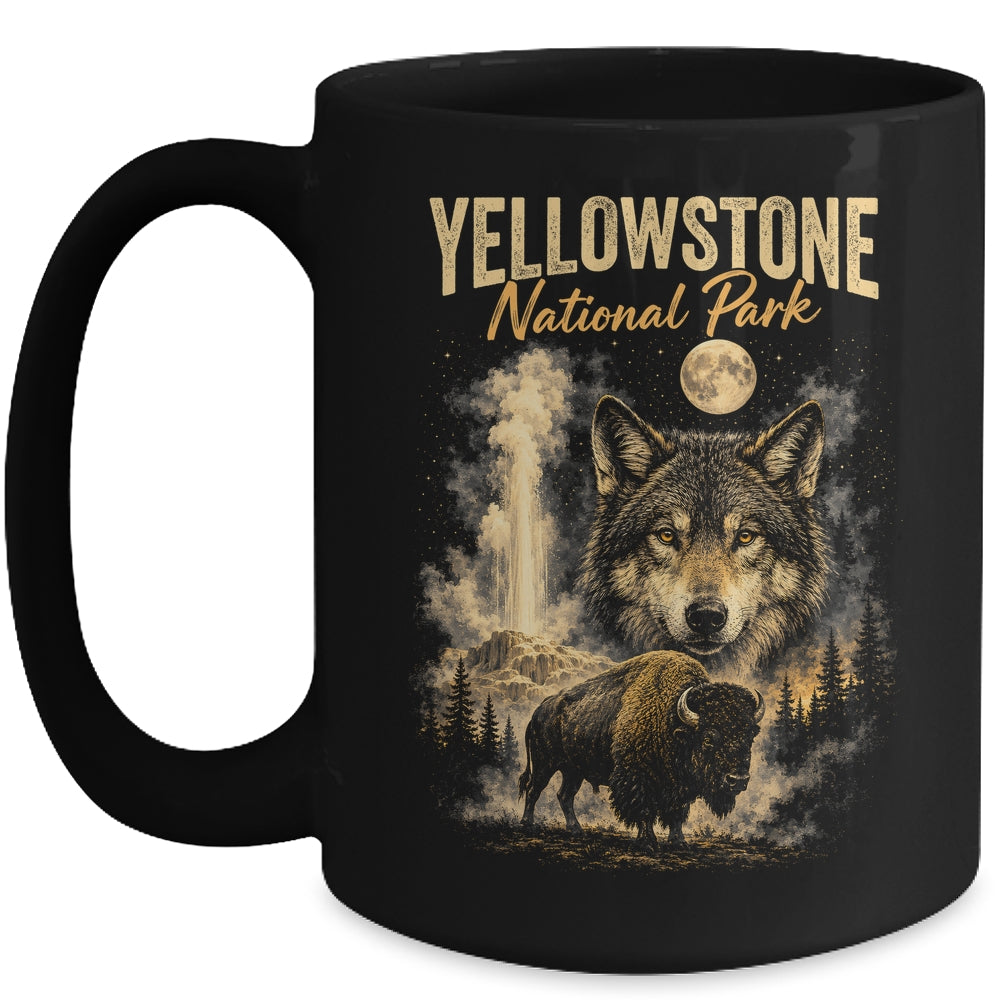 Yellowstone National Park Wolf And Bison Geyser Vintage Men Mug | siriusteestore