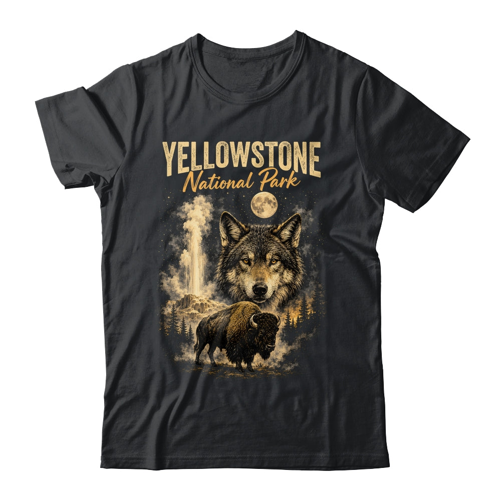 Yellowstone National Park Wolf And Bison Geyser Vintage Men Shirt & Hoodie | siriusteestore