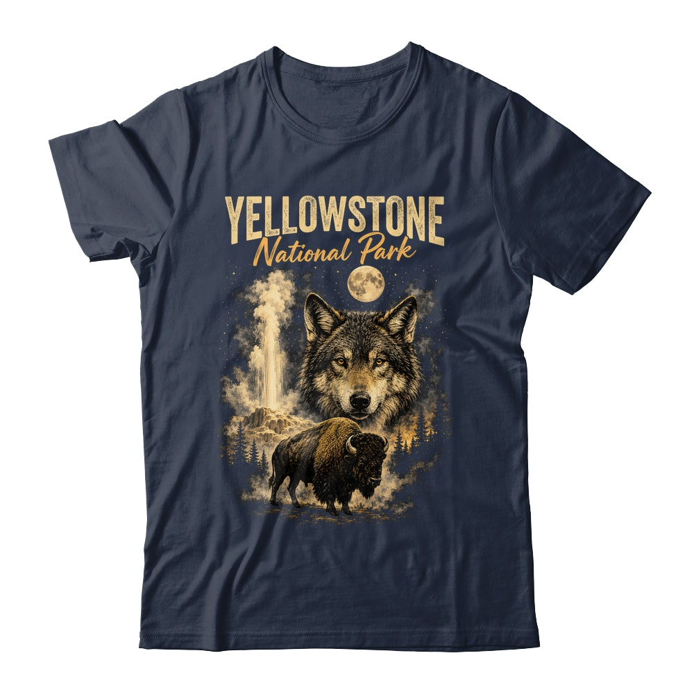 Yellowstone National Park Wolf And Bison Geyser Vintage Men Shirt & Hoodie | siriusteestore