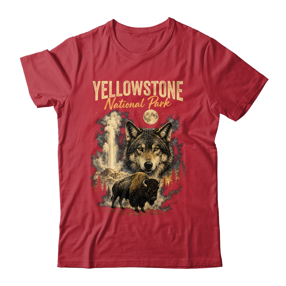 Yellowstone National Park Wolf And Bison Geyser Vintage Men Shirt & Hoodie | siriusteestore