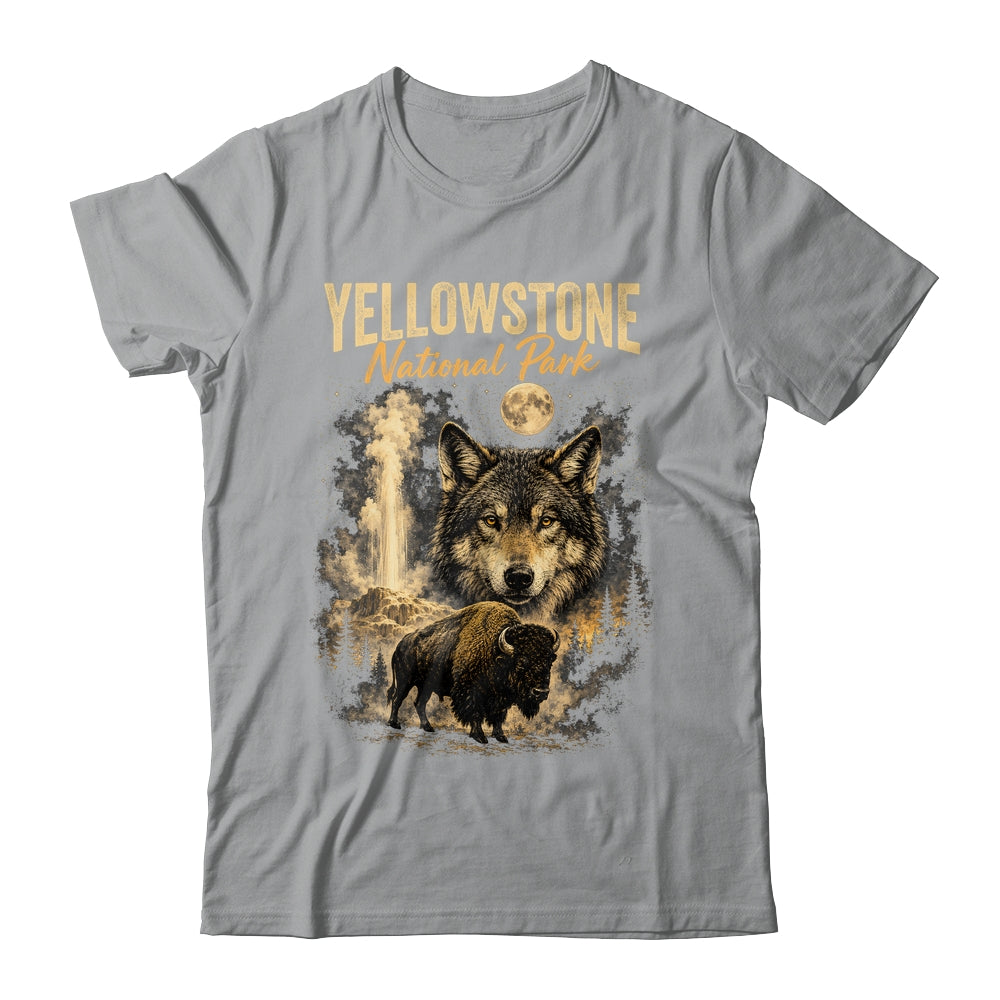 Yellowstone National Park Wolf And Bison Geyser Vintage Men Shirt & Hoodie | siriusteestore
