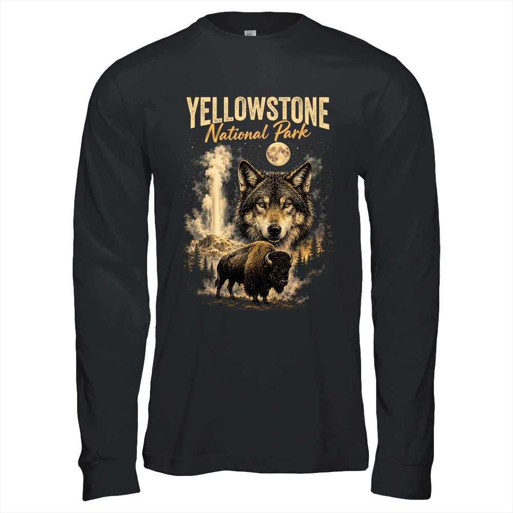 Yellowstone National Park Wolf And Bison Geyser Vintage Men Shirt & Hoodie | siriusteestore