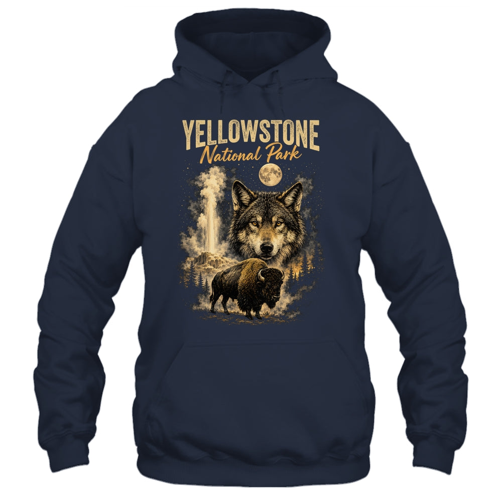 Yellowstone National Park Wolf And Bison Geyser Vintage Men Shirt & Hoodie | siriusteestore