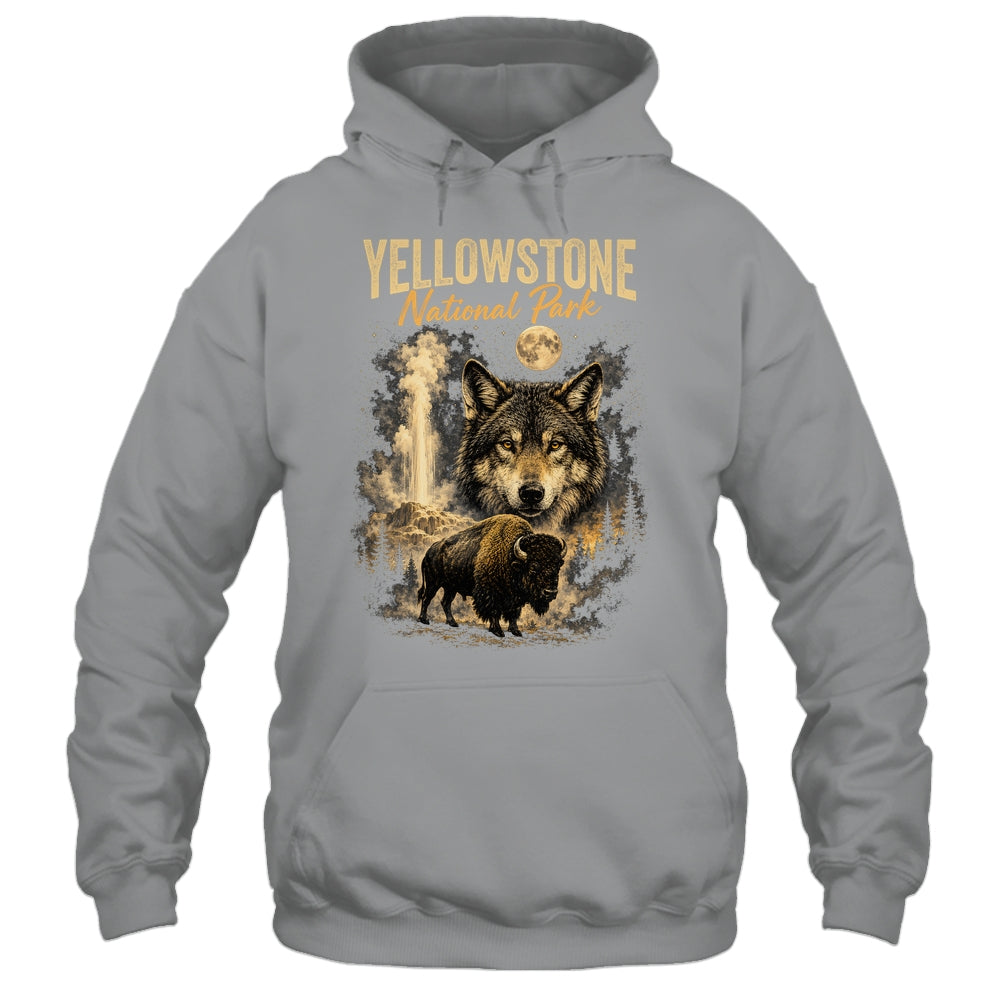Yellowstone National Park Wolf And Bison Geyser Vintage Men Shirt & Hoodie | siriusteestore
