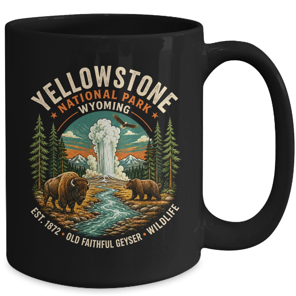 Yellowstone National Park Wyoming Bison Geyser Badge Travel Mug | siriusteestore