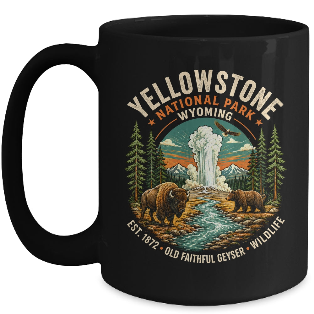 Yellowstone National Park Wyoming Bison Geyser Badge Travel Mug | siriusteestore