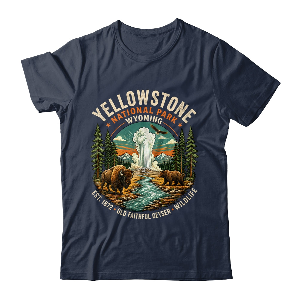 Yellowstone National Park Wyoming Bison Geyser Badge Travel Shirt & Tank Top | siriusteestore