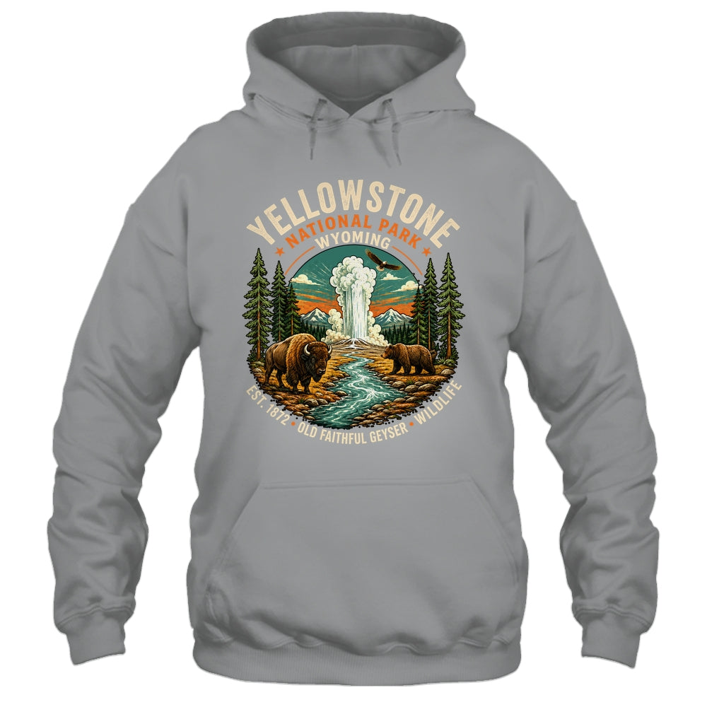 Yellowstone National Park Wyoming Bison Geyser Badge Travel Shirt & Tank Top | siriusteestore