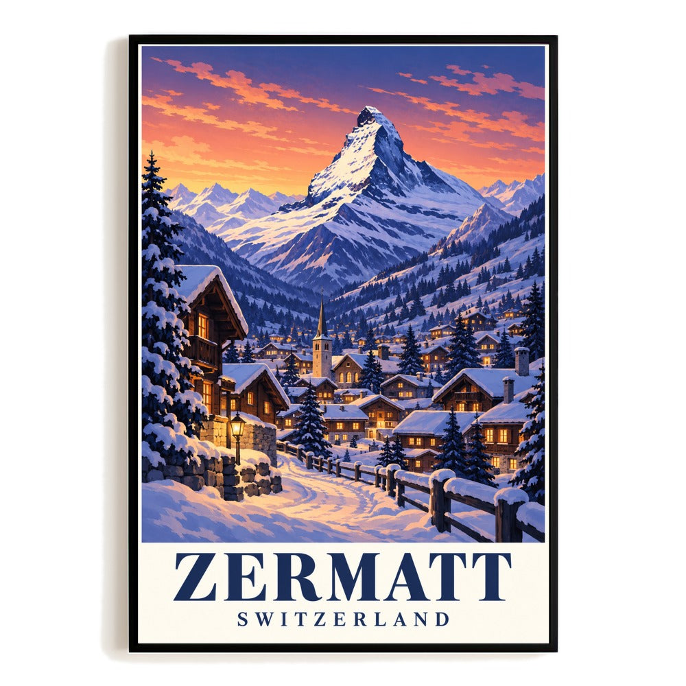 Zermatt Switzerland Matterhorn Village Travel Poster Vintage Snow Mountain Wall Art Print Swiss Alps Landscape Decor For Home Living Room Office Bedroom Gift Unframed | siriusteestore