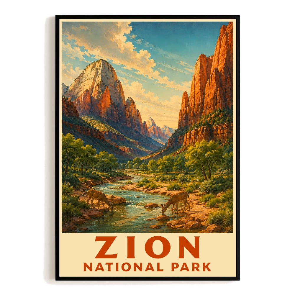 Zion National Park Vintage Travel Poster Retro Red Rock Canyon Landscape Wall Art Print Wildlife River Nature Decor Ideal For Home Living Room Office Gift Unframed | siriusteestore