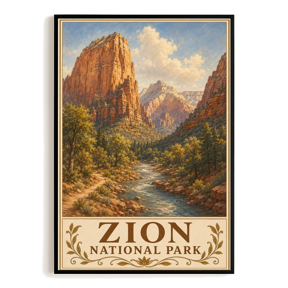 Zion National Park Vintage Wall Art Poster Canyon River Landscape Nature Travel Picture Print Hiking Home Decor Utah Outdoor Scenic Artwork Gift Souvenir Unframed | siriusteestore