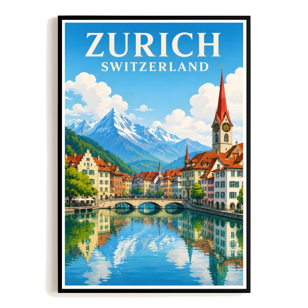 Zurich Switzerland Travel Poster Vintage European Cityscape Wall Art Landscape Print Painting Picture Ideal For Home Living Room Office Bedroom Kitchen Decor Unframed | siriusteestore
