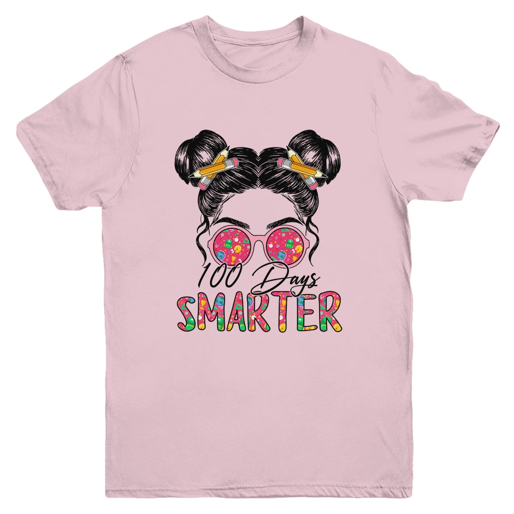 100 Days Smarter Girls Messy Bun Hair 100th Day Of School Youth Shirt | siriusteestore