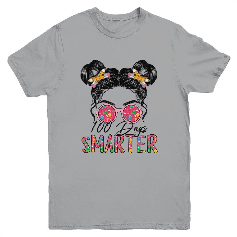100 Days Smarter Girls Messy Bun Hair 100th Day Of School Youth Shirt | siriusteestore