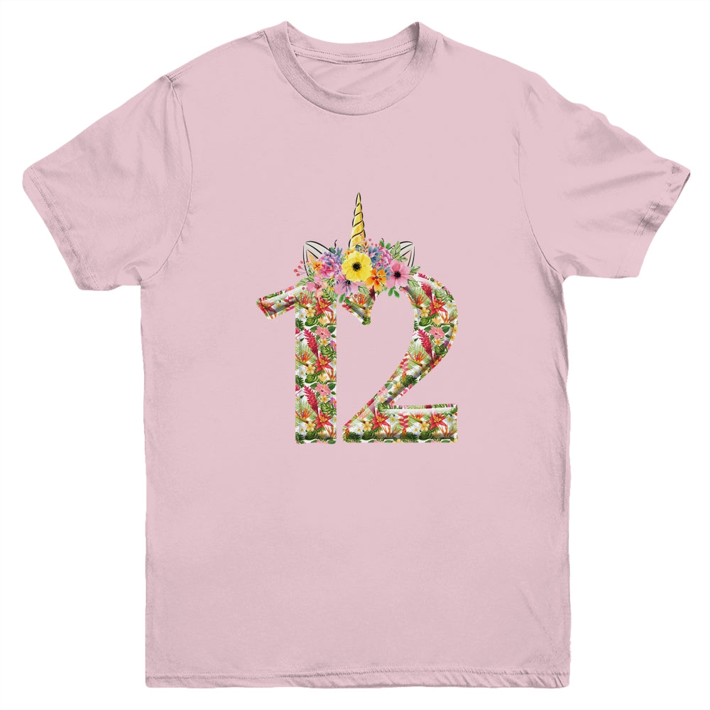 12th Birthday Girl 12 Years Old Awesome Unicorn Flower Youth Shirt | siriusteestore