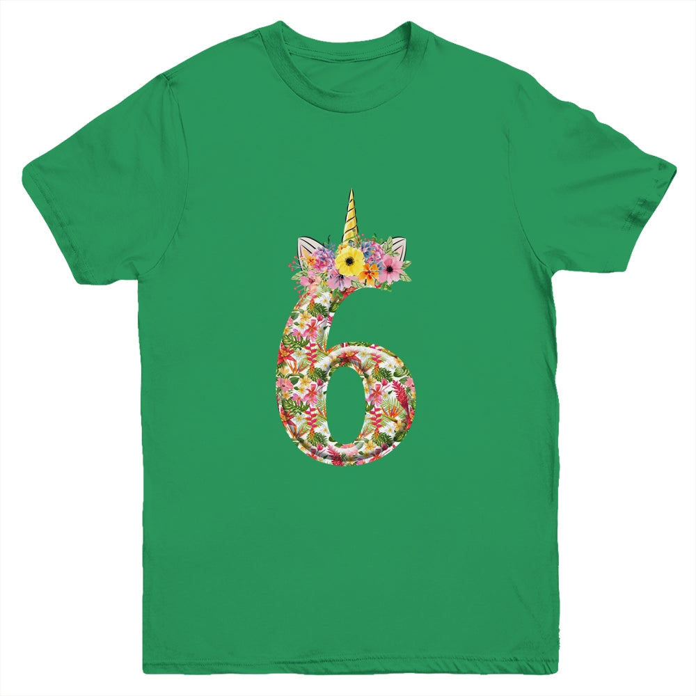 6th Birthday Girl 6 Years Old Awesome Unicorn Flower Youth Shirt | siriusteestore