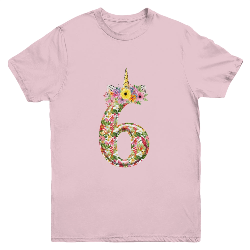 6th Birthday Girl 6 Years Old Awesome Unicorn Flower Youth Shirt | siriusteestore