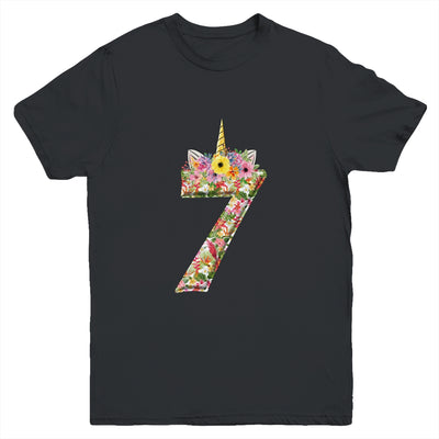 7th Birthday Girl 7 Years Old Awesome Unicorn Flower Youth Shirt | siriusteestore