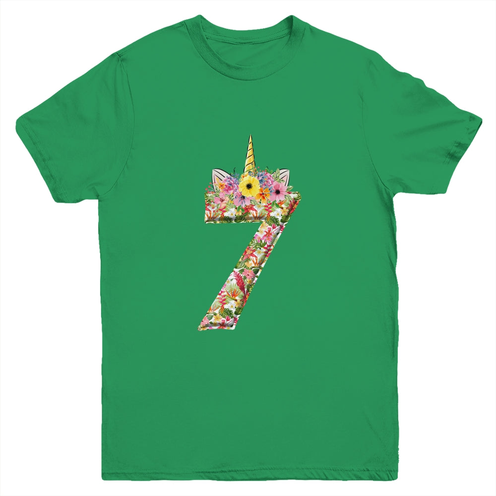 7th Birthday Girl 7 Years Old Awesome Unicorn Flower Youth Shirt | siriusteestore