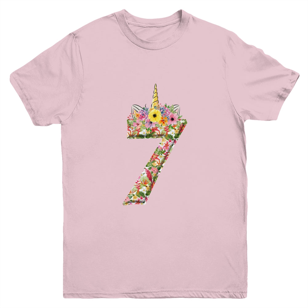 7th Birthday Girl 7 Years Old Awesome Unicorn Flower Youth Shirt | siriusteestore