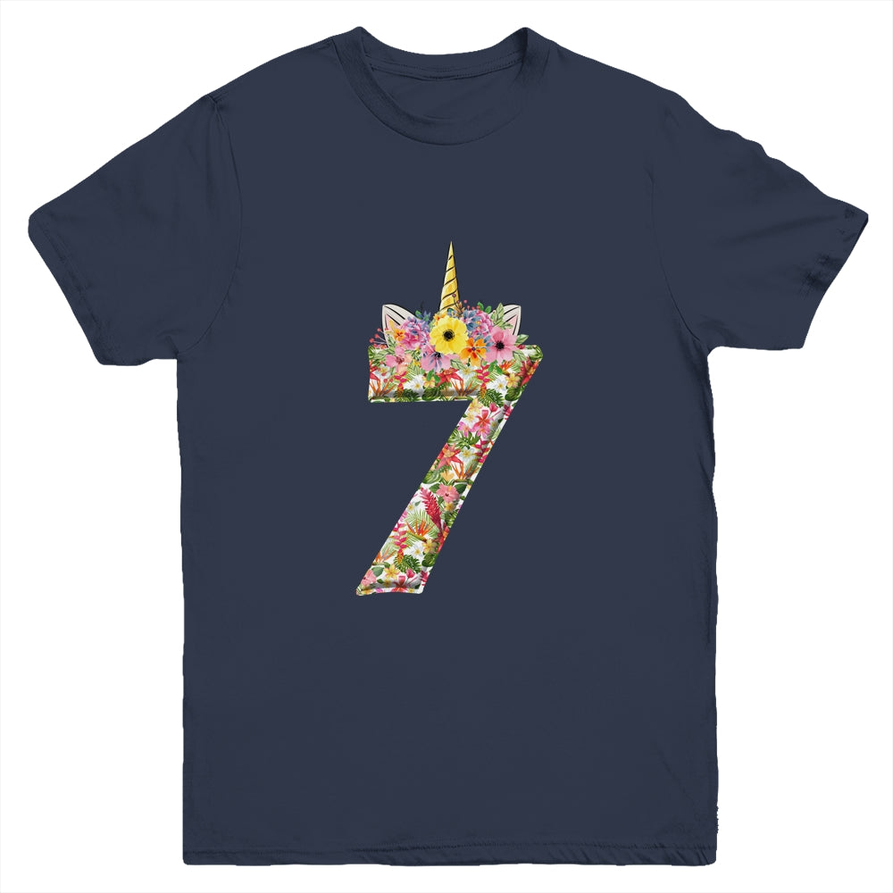 7th Birthday Girl 7 Years Old Awesome Unicorn Flower Youth Shirt | siriusteestore