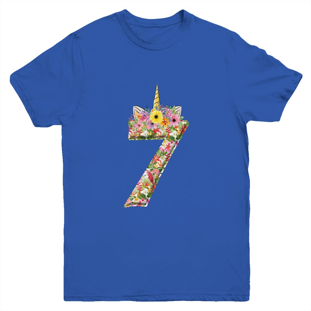 7th Birthday Girl 7 Years Old Awesome Unicorn Flower Youth Shirt | siriusteestore