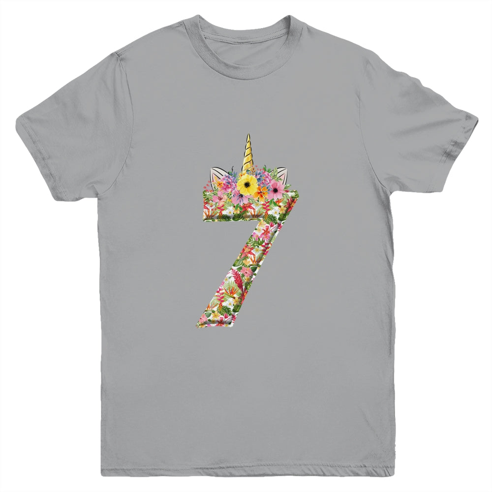 7th Birthday Girl 7 Years Old Awesome Unicorn Flower Youth Shirt | siriusteestore