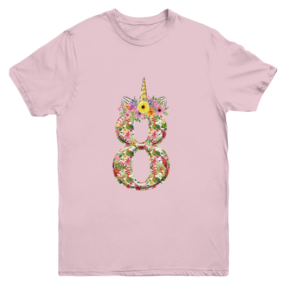 8th Birthday Girl 8 Years Old Awesome Unicorn Flower Youth Shirt | siriusteestore