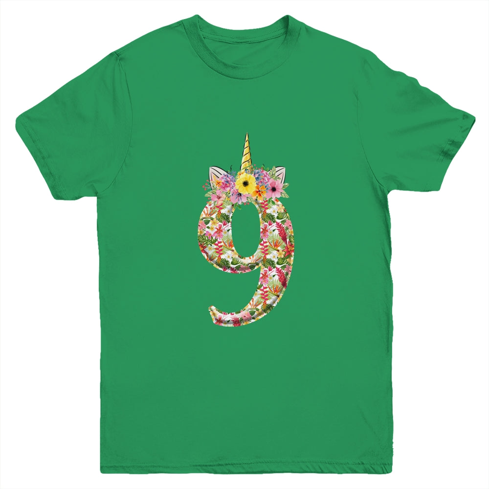 9th Birthday Girl 9 Years Old Awesome Unicorn Flower Youth Shirt | siriusteestore