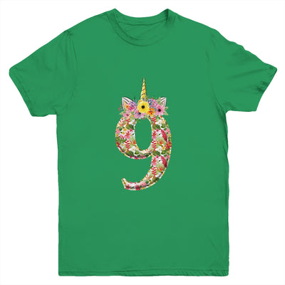 9th Birthday Girl 9 Years Old Awesome Unicorn Flower Youth Shirt | siriusteestore