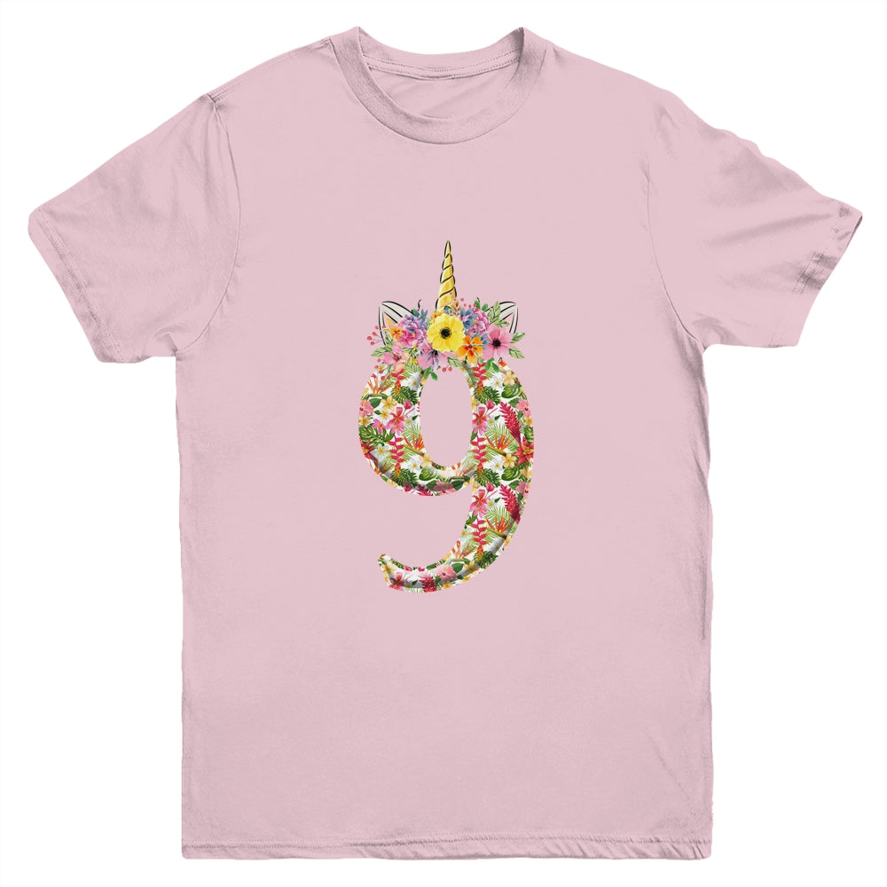 9th Birthday Girl 9 Years Old Awesome Unicorn Flower Youth Shirt | siriusteestore