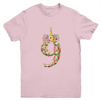 9th Birthday Girl 9 Years Old Awesome Unicorn Flower Youth Shirt | siriusteestore