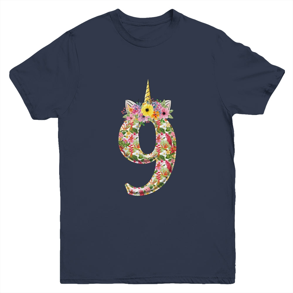 9th Birthday Girl 9 Years Old Awesome Unicorn Flower Youth Shirt | siriusteestore