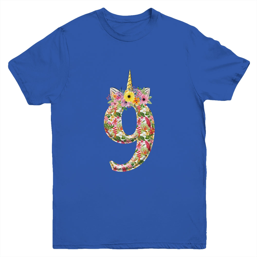 9th Birthday Girl 9 Years Old Awesome Unicorn Flower Youth Shirt | siriusteestore