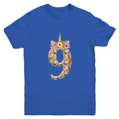 9th Birthday Girl 9 Years Old Awesome Unicorn Flower Youth Shirt | siriusteestore