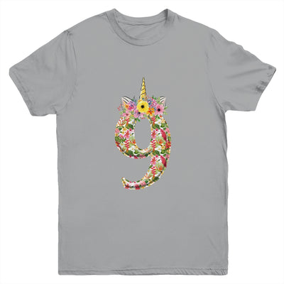 9th Birthday Girl 9 Years Old Awesome Unicorn Flower Youth Shirt | siriusteestore