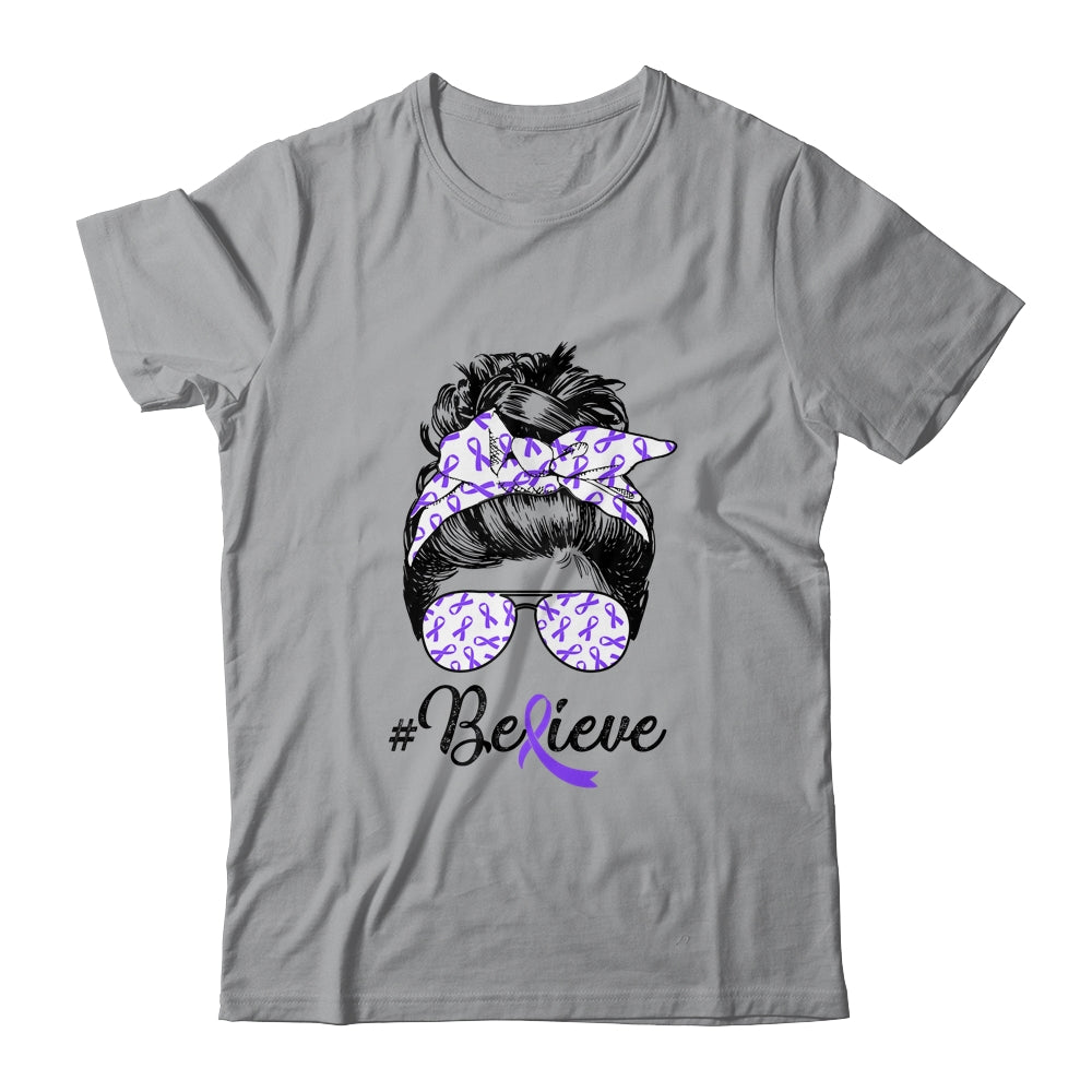 Alzheimer's Awareness Messy Bun Warrior Believe Purple Shirt & Tank Top | siriusteestore