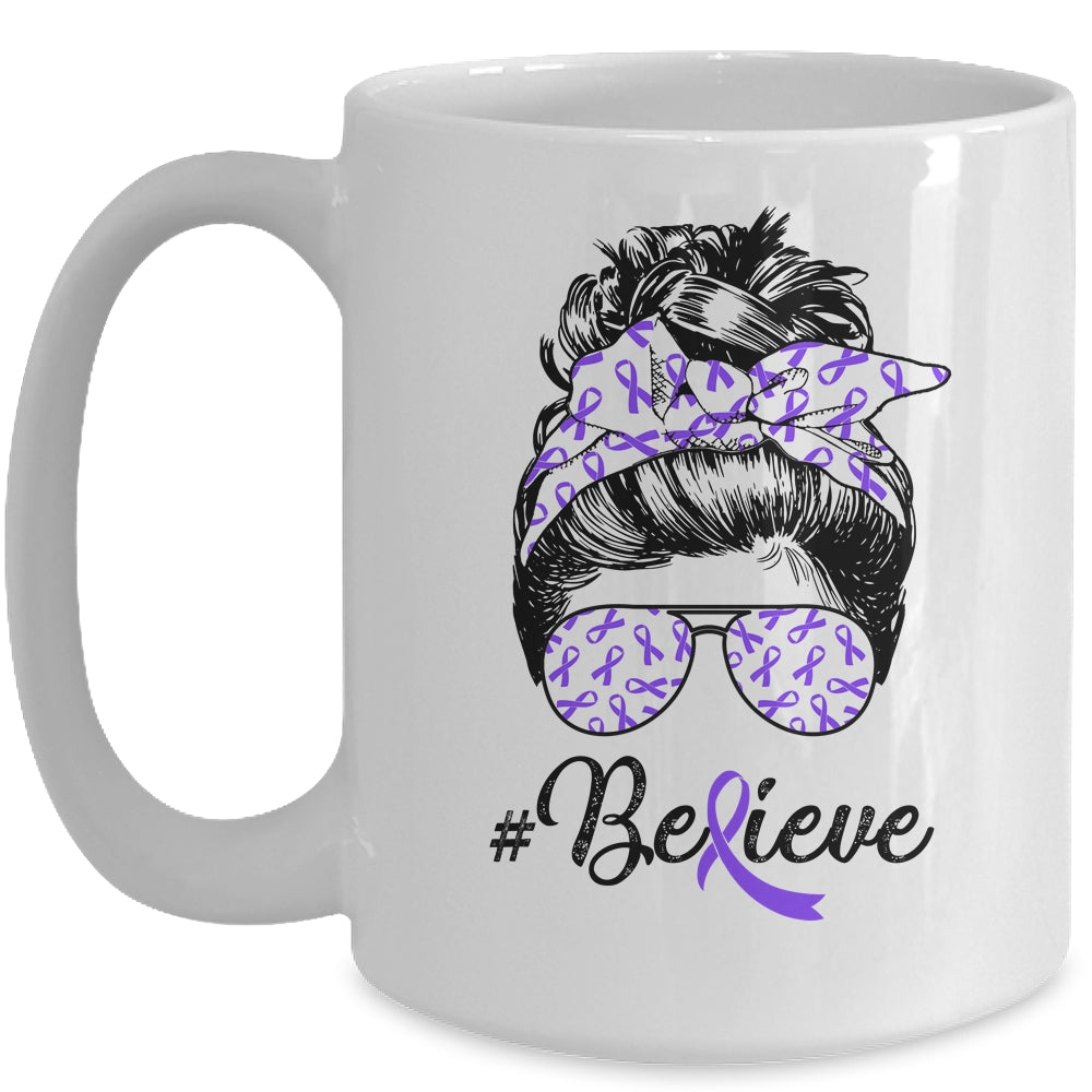 Alzheimer's Awareness Messy Bun Warrior Believe Purple Mug | siriusteestore