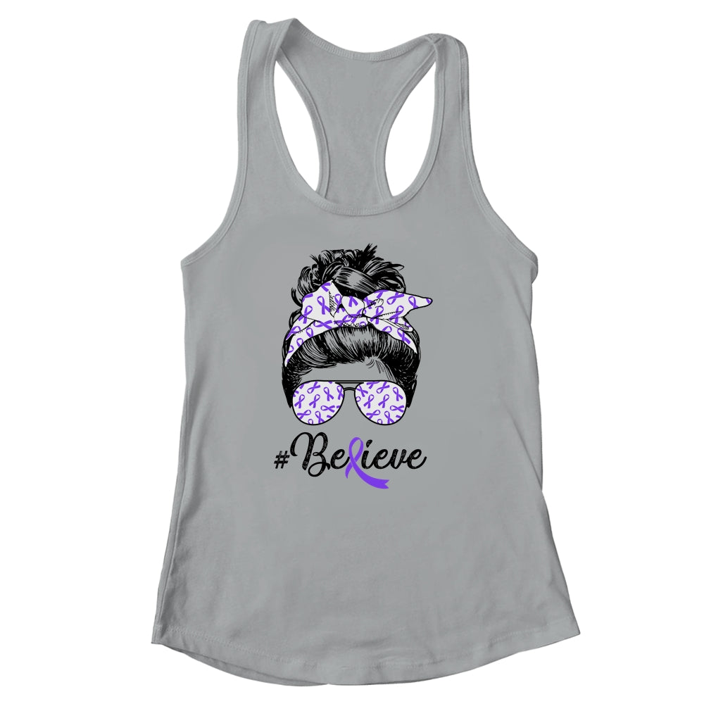 Alzheimer's Awareness Messy Bun Warrior Believe Purple Shirt & Tank Top | siriusteestore