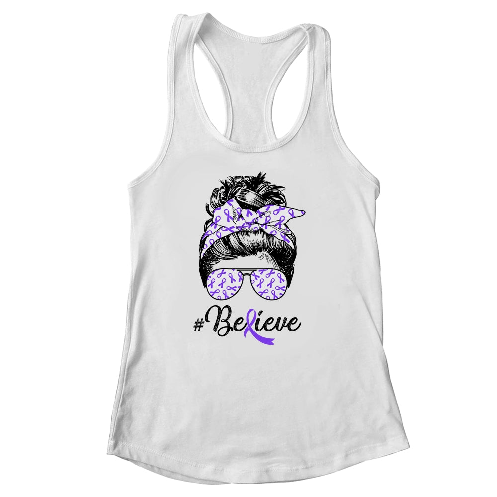 Alzheimer's Awareness Messy Bun Warrior Believe Purple Shirt & Tank Top | siriusteestore