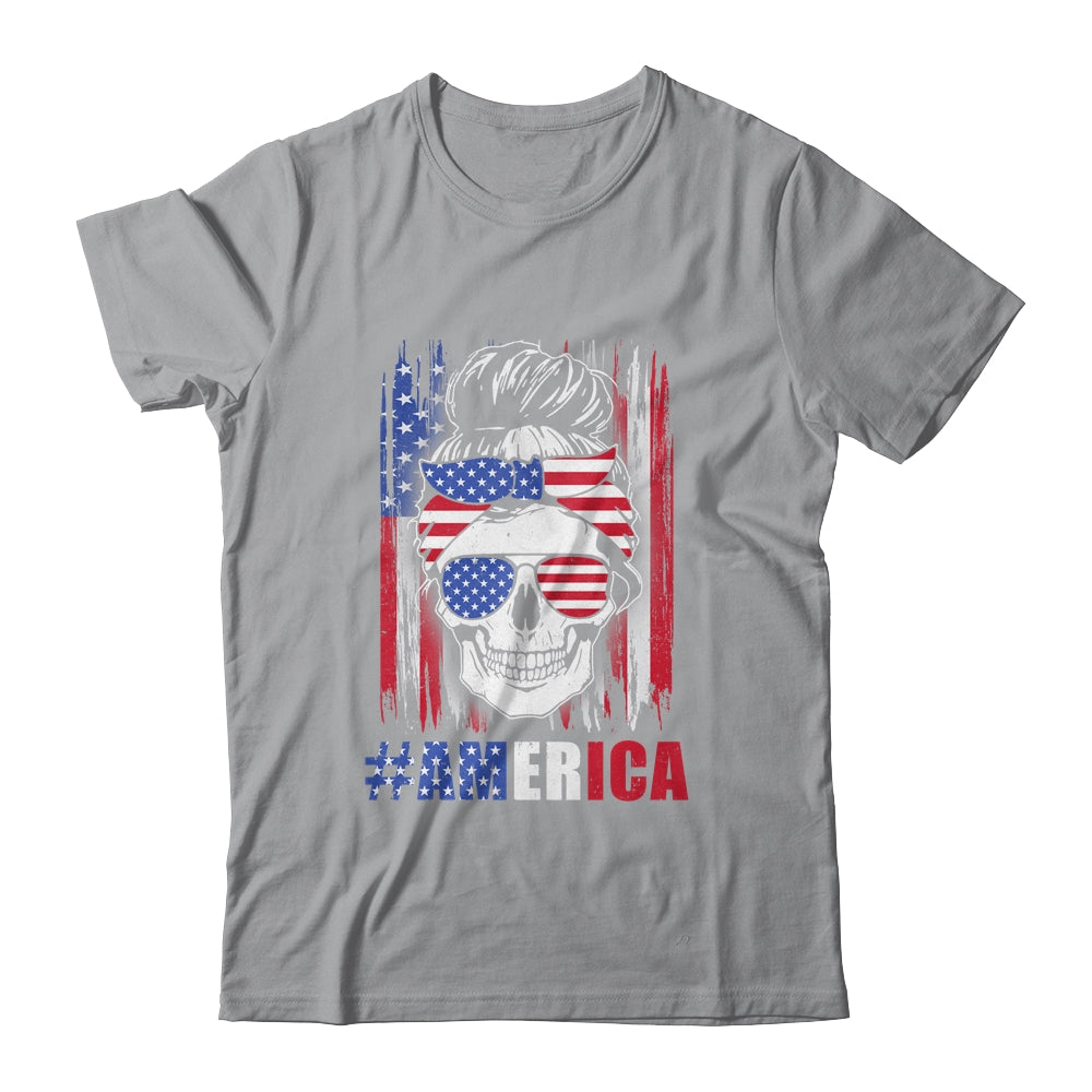 America Messy Bun Hair Skull 4th Of July American Flag Women Shirt & Tank Top | siriusteestore