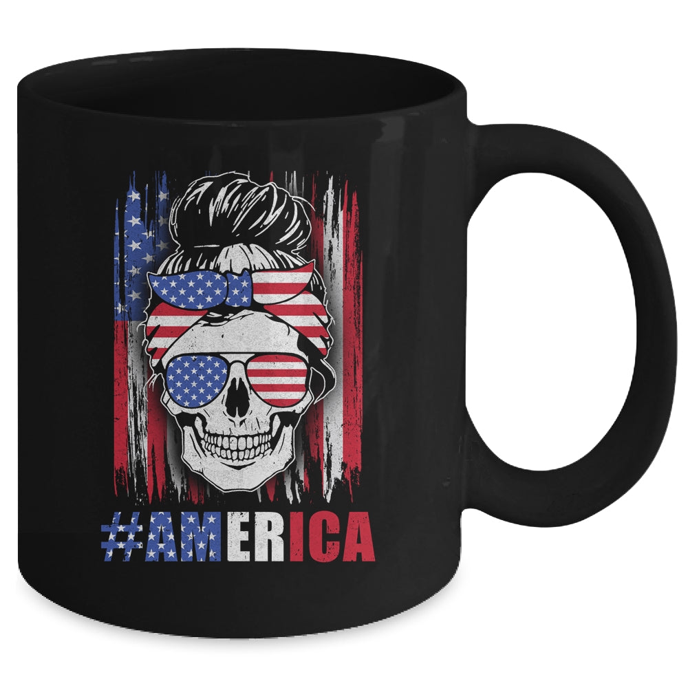 America Messy Bun Hair Skull 4th Of July American Flag Women Mug | siriusteestore