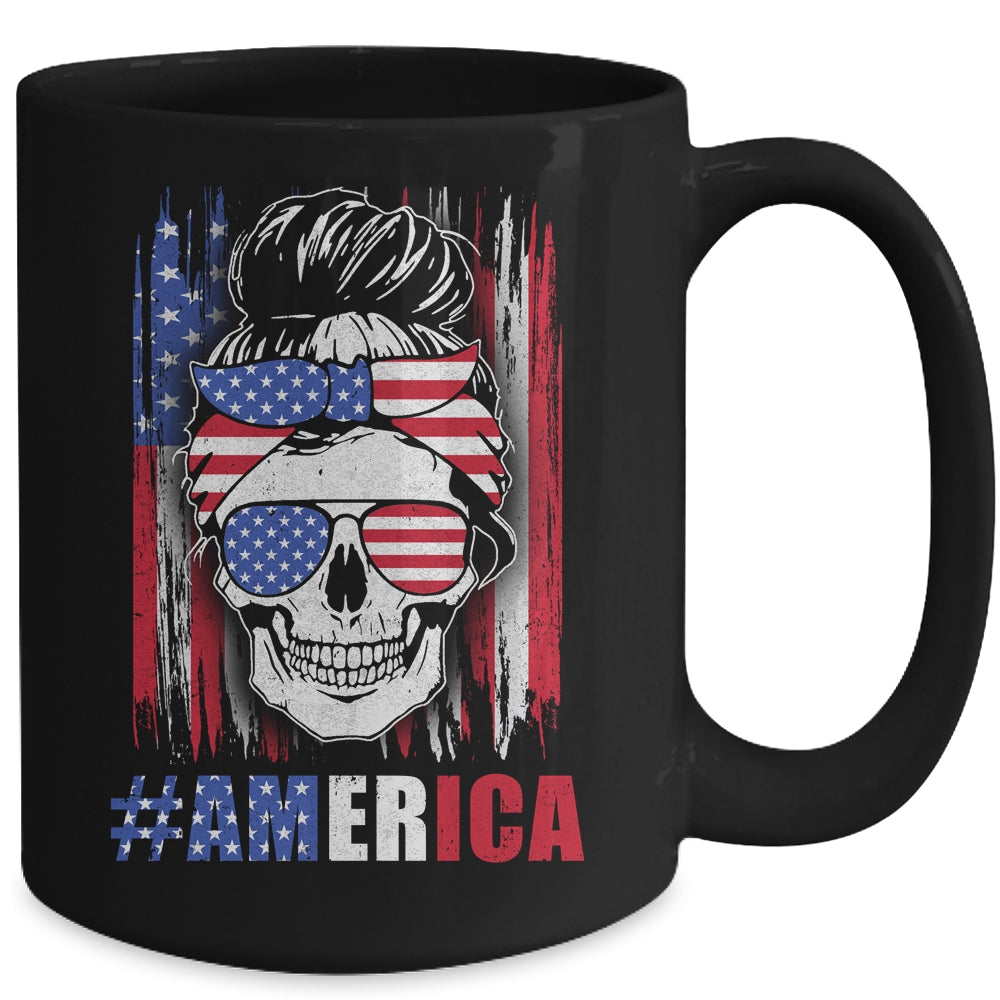 America Messy Bun Hair Skull 4th Of July American Flag Women Mug | siriusteestore