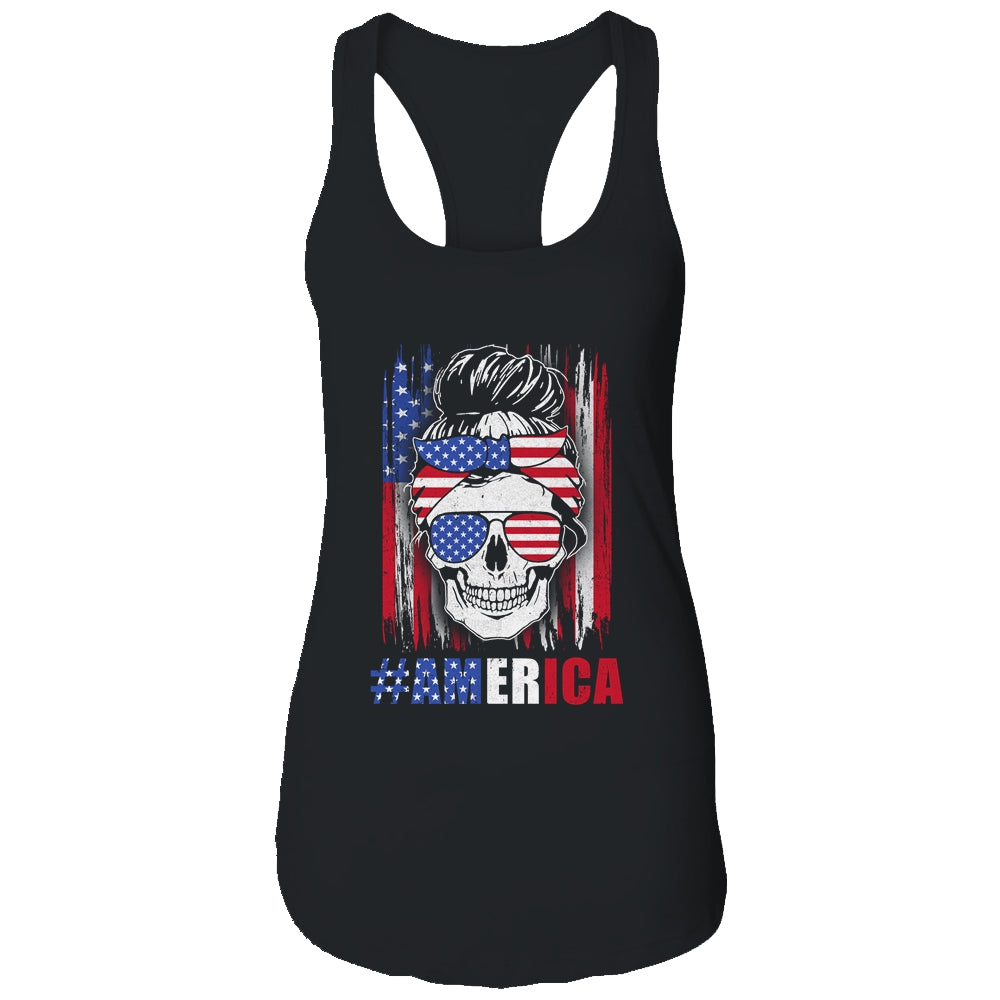 America Messy Bun Hair Skull 4th Of July American Flag Women Shirt & Tank Top | siriusteestore