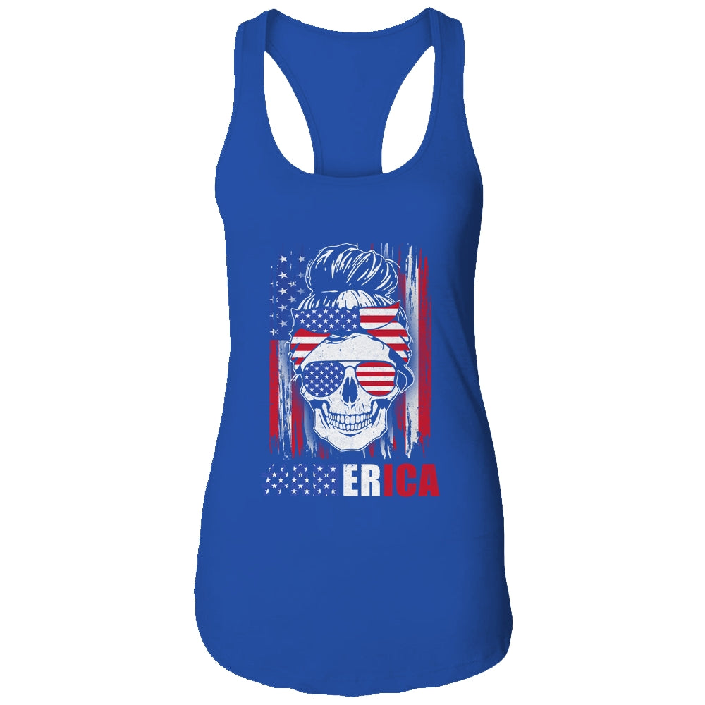 America Messy Bun Hair Skull 4th Of July American Flag Women Shirt & Tank Top | siriusteestore