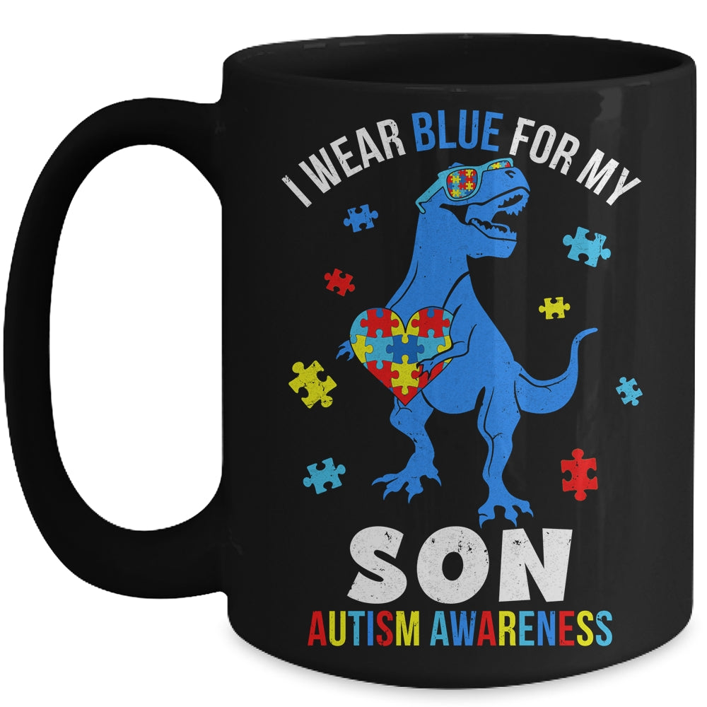 April I Wear Blue For Son Dinosaur Autism Awareness Mug | siriusteestore