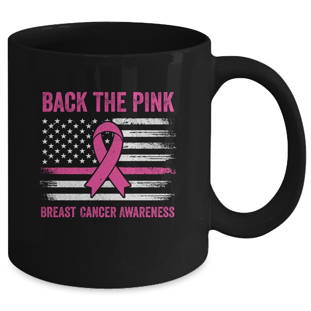 Back The Pink Ribbon American Flag Breast Cancer Awareness Mug | siriusteestore