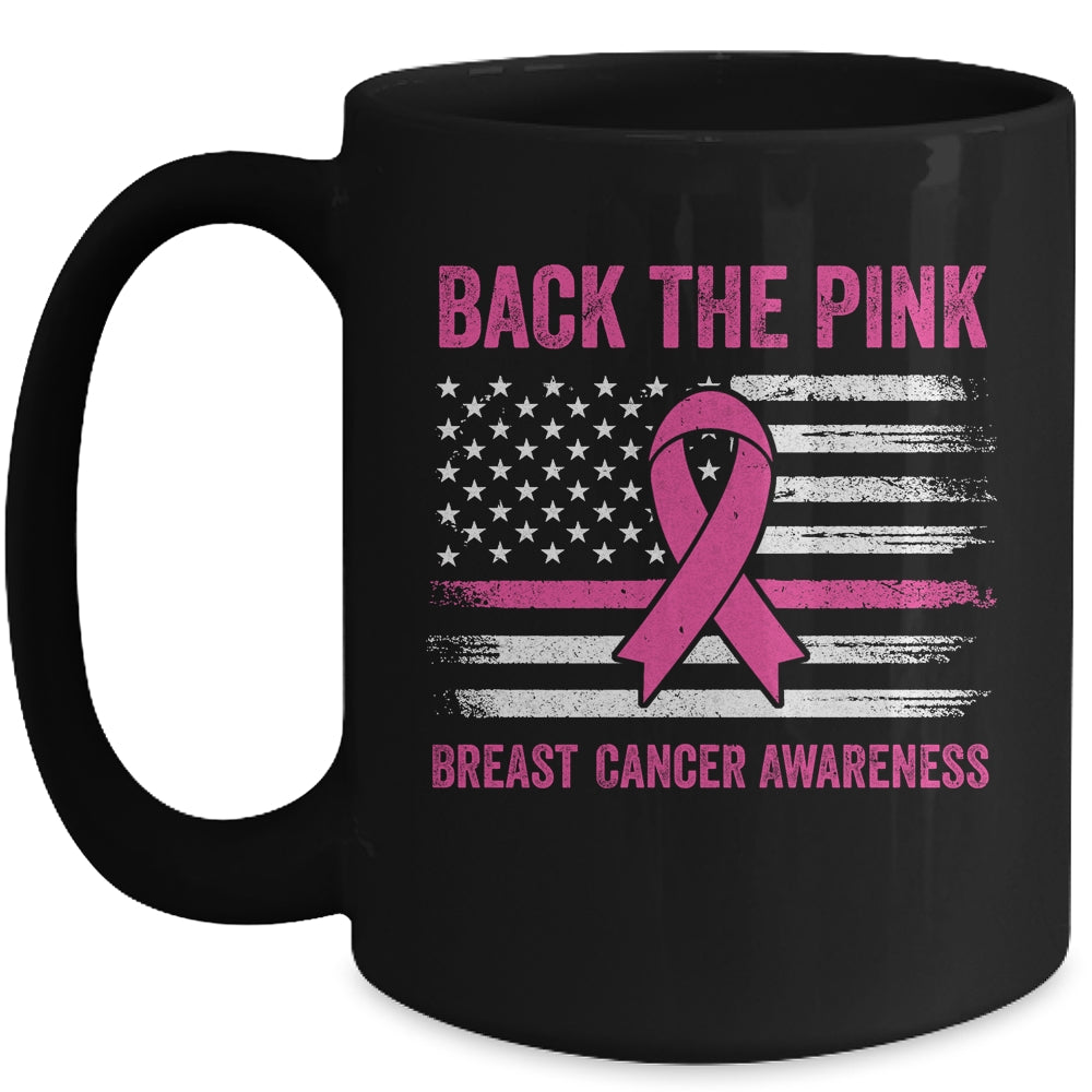 Back The Pink Ribbon American Flag Breast Cancer Awareness Mug | siriusteestore