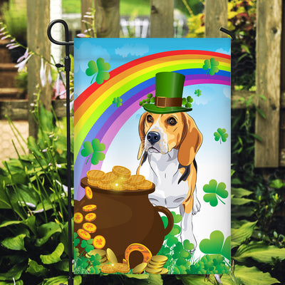 Beagle St Patrick's Day Dog Flag Funny Peeking Dog Wear Green Hat Golden Pot Coin Shamrock Rainbow Spring Banner for Home Decor | siriusteestore