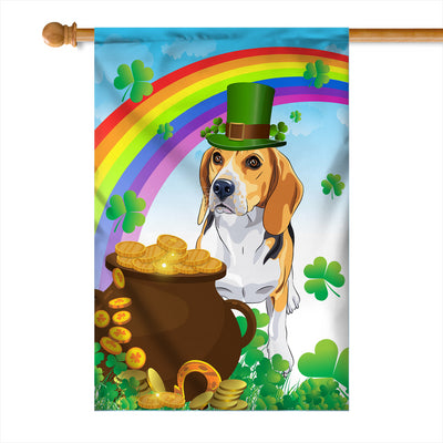 Beagle St Patrick's Day Dog Flag Funny Peeking Dog Wear Green Hat Golden Pot Coin Shamrock Rainbow Spring Banner for Home Decor | siriusteestore